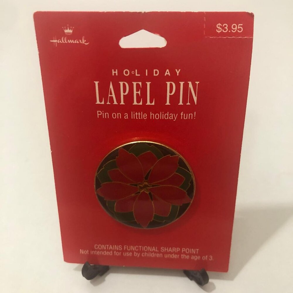 Hallmark Poinsettia Flower Round Christmas Holiday Lapel Pin Brooch Vintage